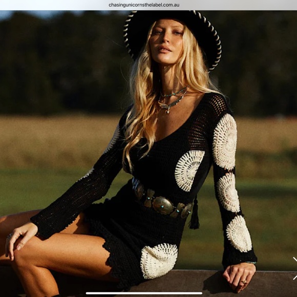 Chasing Unicorns Fire On The Mountain Crochet Mini Dress Black/White Large